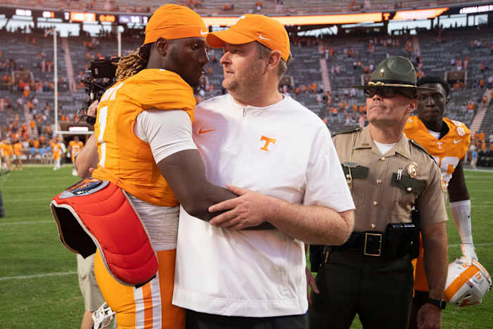Tennessee Volunteers HC Josh Heupel with QB Joe Milton III after a win over UTSA. (Photo by Saul Young of the News Sentinel)